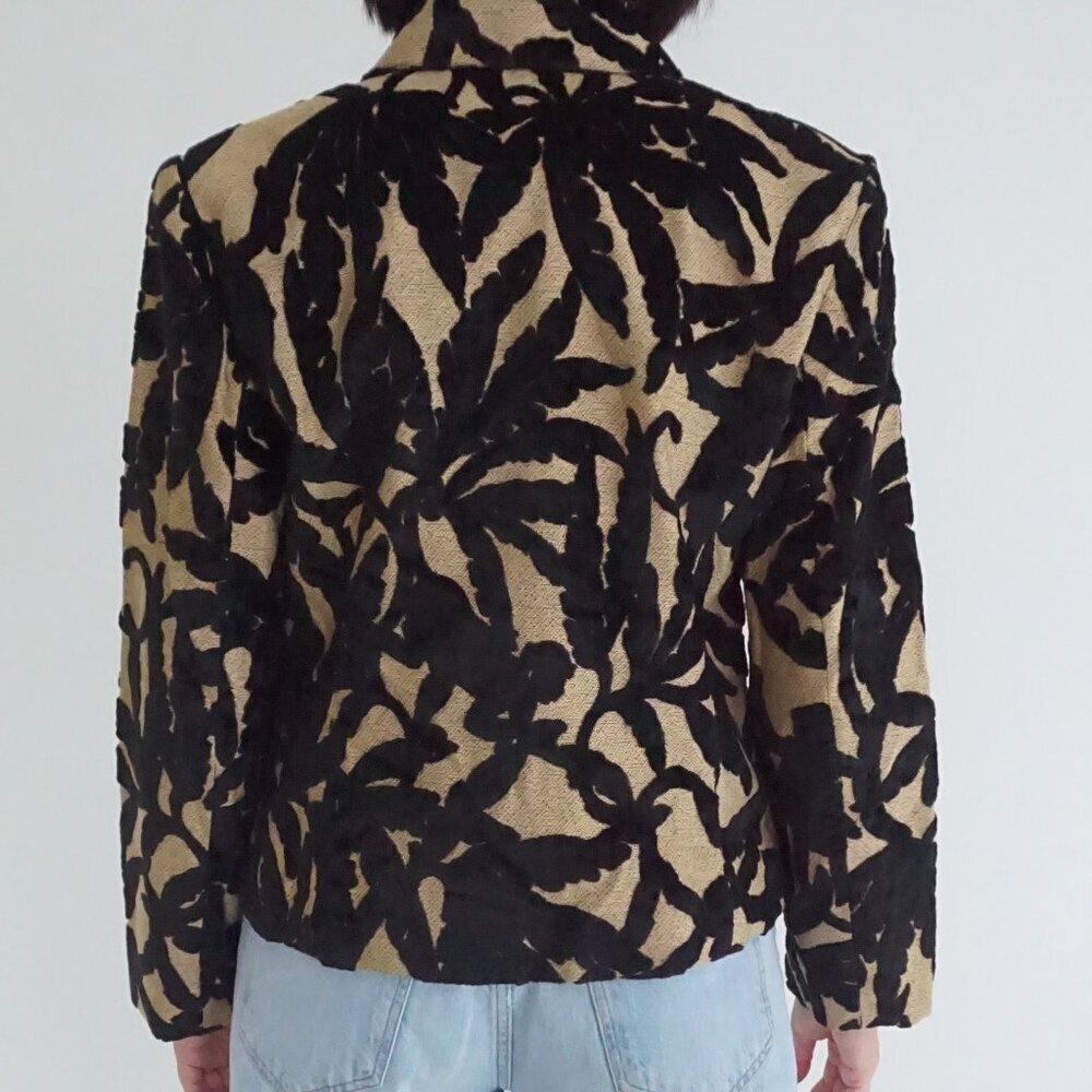 Vintage Giancarlo Ferrari Tan Black Velvet Leaf Burnout Zip Jacket Boho M - Picture 2 of 9